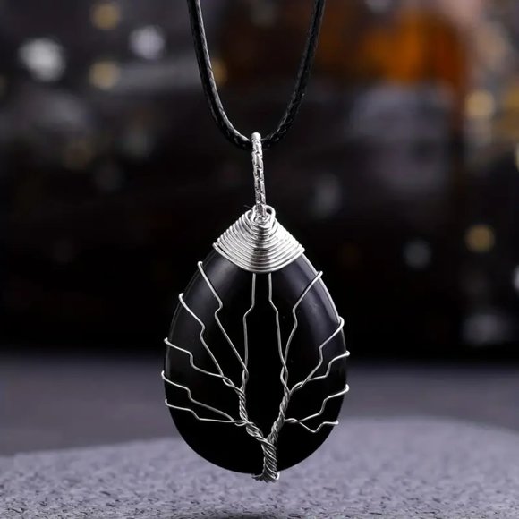 Obsidian Natural Gemstone Tree Of Life Wire Wrap Pendant Necklace - Picture 1 of 2